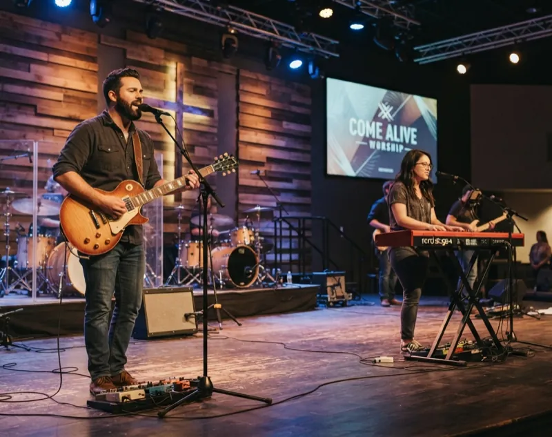 A worship band leading from the stage