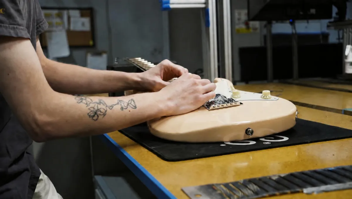A Corzic technician setting up an electric guitar in the service centre