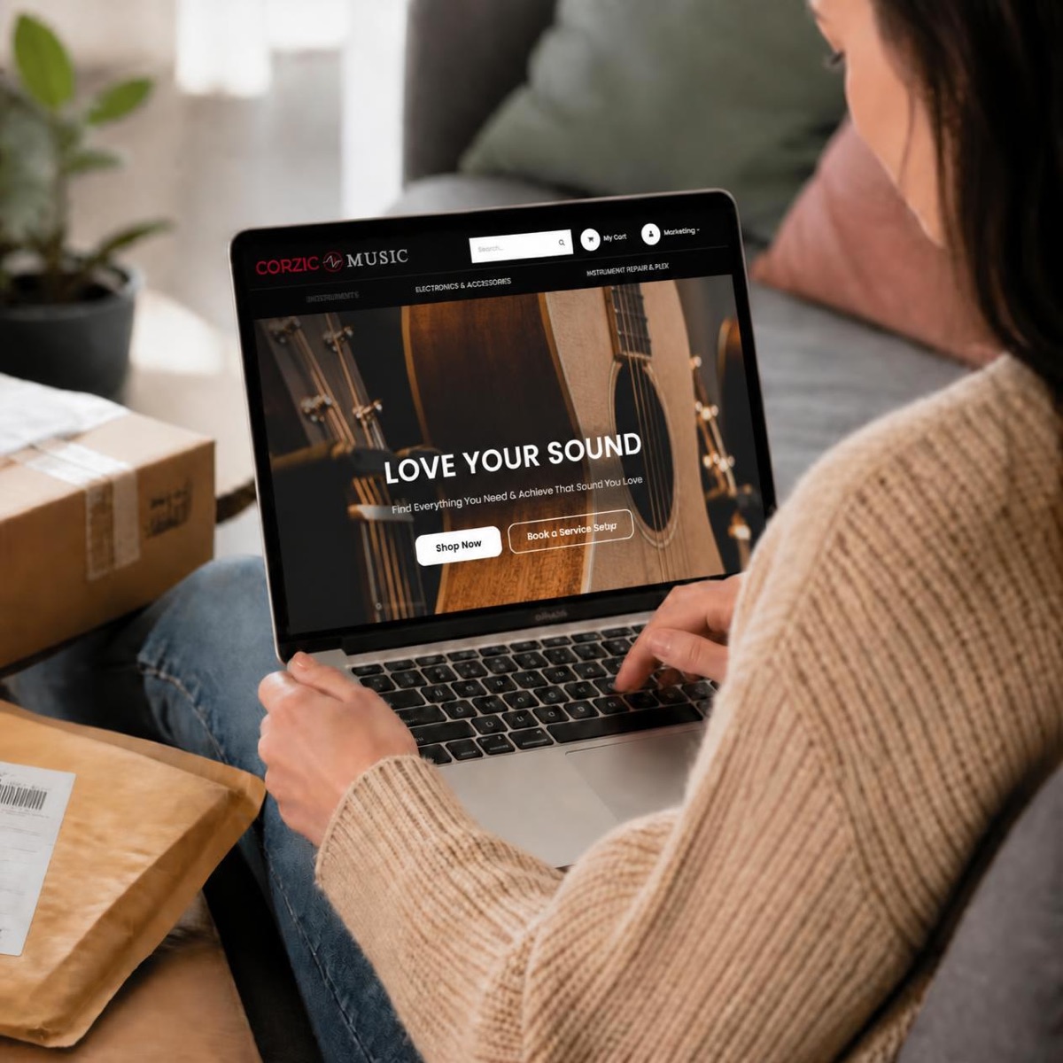 A customer browsing the Corzic Music online store on a laptop at home