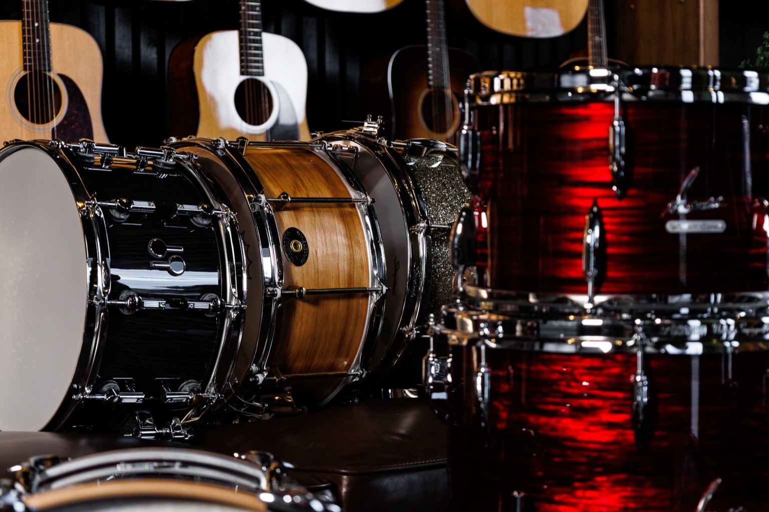 Snare and bass drums in the Corzic showroom