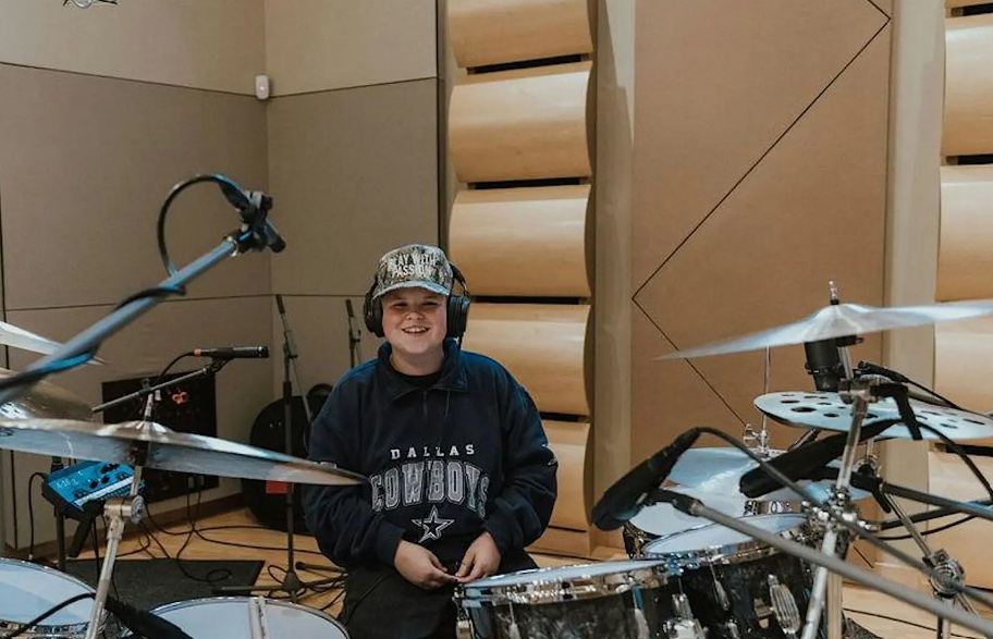 John Miles Brockman at a drum kit in the studio